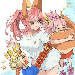 Rule 34 | 3girls, aged down, anger vein, animal ear fluff, animal ears, asymmetrical clothes, biting, biting another&#039;s tail, blonde hair, blush, braid, breasts, closed eyes, closed mouth, collarbone, crown, dragon claw, dragon girl, dragon horns, dragon tail, elizabeth bathory (fate), fang, fate/grand order, fate/grand order arcade, fate (series), fox ears, fox girl, fox tail, french braid, hair intakes, horns, kumonryuu eliza (fate), kurusu piyo, large breasts, long hair, multiple girls, nero claudius (fate), nero claudius (fate) (all), open mouth, pink hair, pointy ears, ponytail, queen draco (fate), queen draco (second ascension) (fate), red eyes, saliva, shirt, single pantsleg, star (symbol), sweat, tail, tail biting, tamamo (fate), tamamo no mae (fate/extra), tamamo no mae (swimsuit lancer) (fate), white shirt, yellow eyes