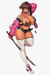 Rule 34 | 1girl, belt, bikini, black belt, black bikini, black shorts, breasts, brown hair, closed mouth, curvy, dark elf, ear piercing, elf, full body, gurimjang, highres, holding, holding sword, holding weapon, huge breasts, jacket, looking at viewer, multicolored hair, open clothes, open jacket, original, piercing, pink jacket, pointy ears, red hair, revealing clothes, shoes, short hair, shorts, simple background, sneakers, solo, streaked hair, swimsuit, sword, thighhighs, thighs, weapon, white background, white footwear, white thighhighs, yellow eyes