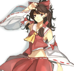 Rule 34 | 1girl, armpits, ascot, bad id, bad pixiv id, bare shoulders, bow, brown eyes, brown hair, collarbone, detached sleeves, hair bow, hair ribbon, hair tubes, hakurei reimu, hand in own hair, hand on forehead, highres, japanese clothes, long hair, looking at viewer, midriff, miko, ponytail, red eyes, red skirt, ribbon, sarashi, scroll lock (scrool5), short hair, skirt, skirt set, smile, solo, touhou, vest, wavy hair, white background, wide sleeves