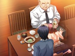Rule 34 | 1girl, 2boys, alcohol, arched back, ass, back, bare arms, bare legs, bare shoulders, beer, belt, black skirt, brown hair, can, chair, cheating (relationship), cup, fellatio, fish, food, game cg, glasses, hairband, hinomoto koharu, indoors, jewelry, kedamono-tachi no sumu ie de, kneeling, legs, looking at another, miniskirt, multiple boys, murakami teruaki, netorare, oral, pin-point, pussy juice, rice, ring, short hair, sitting, skirt, spread legs, stealth sex, sweat, table, takeda hiromitsu, thighs, under table, wedding ring, wet, wooden floor, x-ray