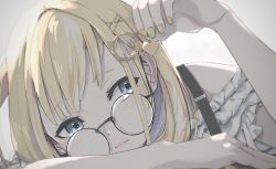 Rule 34 | 1girl, absurdres, blonde hair, closed mouth, commentary request, glasses, hair ornament, highres, holding, holding jewelry, hololive, hololive english, jewelry, looking to the side, nail polish, tsukitoinu, virtual youtuber, watson amelia, watson amelia (street casual), yellow nails