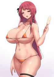 Rule 34 | 1girl, absurdres, bikini, blue eyes, breasts, collarbone, food, hair ornament, highres, ice cream, jewelry, large breasts, long hair, micro bikini, mistynight, mole, mole under mouth, navel, necklace, open mouth, orange bikini, original, red hair, simple background, skindentation, suggestive food, sweat, sweatdrop, swimsuit, walking, white background