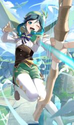 Rule 34 | 1boy, beret, bird, black hair, blue hair, bow, bow (weapon), braid, cape, day, firing, flower, genshin impact, green hat, hat, highres, holding, holding bow (weapon), holding weapon, male focus, mn, multicolored hair, one eye closed, open mouth, outdoors, pantyhose, shorts, solo, twin braids, twitter username, venti (genshin impact), vision (genshin impact), weapon, white flower, white pantyhose