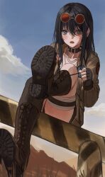 Rule 34 | 1girl, absurdres, black choker, black footwear, black hair, blue eyes, blue sky, boots, brown jacket, choker, cloud, collarbone, commentary, eyewear on head, fingerless gloves, full body, gloves, gold can, hair between eyes, highres, jacket, leg up, light blush, long bangs, long hair, looking at viewer, open clothes, open jacket, open mouth, original, outdoors, round eyewear, sitting, sky, solo, spiked choker, spikes, symbol-only commentary, tying footwear