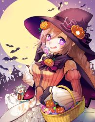 Rule 34 | 1boy, 2girls, basket, bat (animal), bow, braid, breasts, candy, capelet, demon girl, detached sleeves, fishnet fabric, flask, food, full moon, ghost costume, gloves, halloween bucket, halloween costume, hat, heart, heart-shaped pupils, hina (rune factory), holding, holding flask, jack-o&#039;-lantern, julian (rune factory), kawazoemariko, licking lips, long hair, looking at viewer, ludmila (rune factory), medium breasts, moon, multiple girls, outdoors, pointy ears, purple eyes, rune factory, rune factory 5, symbol-shaped pupils, tongue, tongue out, twin braids, upper body, witch hat