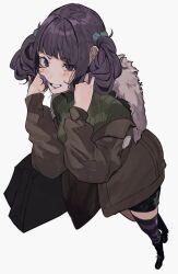 Rule 34 | 1girl, bag, black footwear, black shorts, blunt bangs, blush, boots, breasts, brown coat, coat, diagonal bangs, from above, full body, fur-trimmed coat, fur trim, green sweater, grin, hair bobbles, hair ornament, hands in hair, hands up, highres, holding, holding bag, idolmaster, idolmaster shiny colors, kurokawa (kurokashi655), long hair, long sleeves, looking at viewer, medium breasts, off shoulder, open clothes, open coat, purple eyes, purple hair, shopping bag, short twintails, shorts, simple background, smile, solo, standing, sweater, tanaka mamimi, twintails, two-tone thighhighs, white background