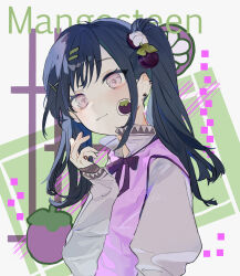 Rule 34 | 1girl, absurdres, blue hair, closed mouth, collared shirt, commentary, dark blue hair, ear piercing, earrings, english commentary, english text, from side, fruit earrings, fruit hair ornament, grey shirt, hair ornament, hand up, head tilt, highres, jewelry, long hair, long sleeves, looking at viewer, mangosteen, neck ribbon, original, personification, piercing, pink eyes, pink sweater vest, purple ribbon, pye yyy, ribbon, ring, shirt, sidelocks, simple background, sleeves past wrists, sticker on face, sweater vest, twintails, upper body, x hair ornament