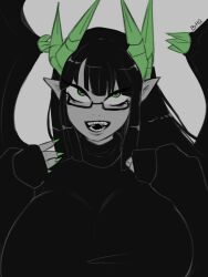 Rule 34 | 1girl, artist name, black hair, black sweater, black wings, blush, breasts, bxbyglossie, colored tongue, commentary, curvy, demon girl, demon horns, demon wings, dress, english commentary, fingernails, green eyes, green horns, green nails, highres, horns, huge breasts, limited palette, long hair, looking at viewer, merii (mazohaha), musuko ga kawaikute shikatanai mazoku no hahaoya, pointy ears, solo, sweater, sweater dress, tail, upper body, wings