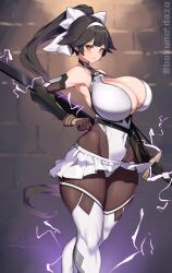 Rule 34 | 1girl, azur lane, bare shoulders, bodysuit, bokuno, bow, breasts, brown hair, cleavage, cleavage cutout, clothing cutout, covered navel, elbow gloves, electricity, gloves, hair bow, hair ears, highres, holding, holding sheath, huge breasts, long hair, miniskirt, official alternate costume, pleated skirt, ponytail, ribbon, sheath, skindentation, skirt, sword, sword behind back, takao (azur lane), takao (divine exorcist&#039;s blade) (azur lane), very long hair, weapon, white ribbon, white skirt, yellow eyes