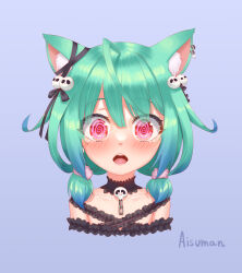 Rule 34 | 1girl, @ @, ahoge, aisuman, animal ear fluff, animal ears, artist name, black choker, black ribbon, blue background, blush, choker, collarbone, commission, earrings, female focus, green hair, hair ornament, hair ribbon, highres, hololive, hypnosis, jewelry, lips, looking at viewer, medium hair, mind control, open mouth, portrait, red eyes, ribbon, short twintails, simple background, skull hair ornament, solo, straight-on, teeth, tongue, twintails, upper teeth only, uruha rushia, virtual youtuber