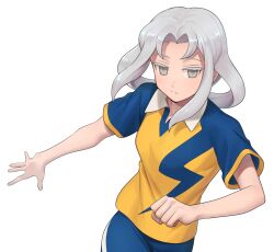 1girl akasode_matsuri_(inazuma_eleven) blue_shorts breasts closed_mouth expressionless grey_eyes grey_hair inazuma_eleven_(series) inazuma_eleven_heroes&#039;_victory_road kokuro_(kosyari) lightning_bolt_symbol long_hair outstretched_hand short_sleeves shorts simple_background soccer_uniform solo sportswear upper_body white_background