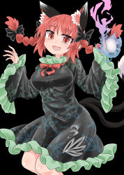 Rule 34 | 1girl, :3, :d, animal ear fluff, animal ears, black background, black bow, black dress, bow, braid, breasts, cat ears, cat tail, chups, cowboy shot, dress, extra ears, fang, frilled dress, frilled sleeves, frills, hair bow, highres, hitodama, kaenbyou rin, long hair, long sleeves, looking at viewer, medium breasts, multiple tails, neck ribbon, nekomata, open mouth, red eyes, red hair, red ribbon, ribbon, side braids, simple background, smile, solo, standing, tail, touhou, twin braids, two tails, wide sleeves