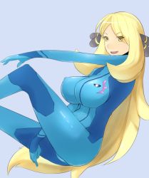 Rule 34 | 1girl, ass, blonde hair, blue bodysuit, bodysuit, breasts, cosplay, covered erect nipples, creatures (company), cynthia (pokemon), game freak, hair ornament, large breasts, metroid, nintendo, nom (nomhun), pokemon, pokemon dppt, samus aran, samus aran (cosplay), skin tight, smile, thighs, yellow eyes, zero suit