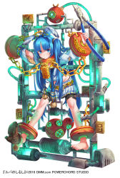 Rule 34 | 1girl, blue eyes, blue hair, bound, bound ankles, bound wrists, chain, collar, cuffs, full body, glowing, glowing veins, hairband, long hair, mataichi mataro, nipako, pliers, restrained, shackles, shoe dangle, shoes, single shoe, sweatdrop, tied up (nonsexual), torn clothes, tube, twintails, very long hair, yuba no shirushi