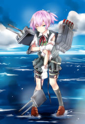 Rule 34 | 10s, 1girl, bad id, bad pixiv id, bike shorts, blue eyes, bra, cannon, cloud, damaged, day, full body, gloves, green bra, hair ornament, kantai collection, kubyou azami, neck ribbon, ocean, on water, outdoors, personification, pink hair, pleated skirt, ponytail, red ribbon, ribbon, school uniform, shiranui (kancolle), shirt, short hair, short sleeves, skirt, solo, torn clothes, torpedo, turret, underwear, vest, water, white gloves