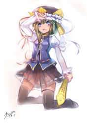 Rule 34 | 1girl, absurdres, blue eyes, dated, gradient hair, hand on forehead, hat, hat ribbon, highres, juliet sleeves, kneeling, long sleeves, looking at viewer, multicolored hair, myero, no shoes, open mouth, puffy sleeves, ribbon, rod of remorse, see-through, shiki eiki, short hair, side ponytail, signature, simple background, skirt, solo, thighhighs, touhou, vest, white background