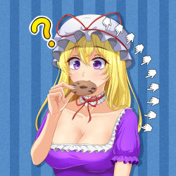 Rule 34 | 1girl, ?, blonde hair, blue background, breasts, chocolate chip cookie, cleavage, collarbone, commentary request, cookie, cookie clicker, cursor, dress, eating, eyelashes, food, hat, hidaruma, highres, long hair, medium breasts, mob cap, puffy short sleeves, puffy sleeves, purple dress, purple eyes, red ribbon, ribbon, short sleeves, striped, striped background, touhou, two-tone background, white headwear, yakumo yukari