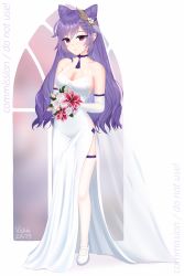 Rule 34 | 1girl, bouquet, breasts, bride, cleavage, commentary, commission, cone hair bun, dress, elbow gloves, english commentary, flower, genshin impact, gloves, hair bun, hair ornament, highres, holding, holding bouquet, keqing (genshin impact), large breasts, long dress, long hair, looking at viewer, purple eyes, purple hair, shoes, side slit, simple background, sleeveless, sleeveless dress, smile, solo, vickie (cryingrobot), wedding dress, white background, white dress, white footwear, white gloves