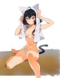 Rule 34 | 1girl, absurdres, ahoge, animal ears, arutera, bad id, bad twitter id, bare legs, barefoot, black hair, blue eyes, blue panties, breasts, bright pupils, cat ears, cat tail, closed mouth, hair over breasts, hair over one breast, highres, looking at viewer, navel, original, panties, short hair, sitting, small breasts, solo, tail, topless, towel, towel on head, underwear, underwear only, wet