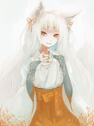Rule 34 | 1girl, animal ears, artist name, batta (kanzume quality), fox ears, gloves, grin, hair ornament, japanese clothes, jewelry, kimono, kitsune, long hair, looking at viewer, nail polish, orange eyes, original, red nails, ring, simple background, smile, solo, white background, white hair