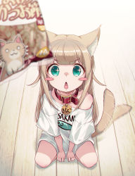 Rule 34 | 1girl, 40hara, absurdres, afterimage, animal collar, animal ear fluff, animal ears, aqua eyes, blonde hair, blurry, blurry foreground, blush stickers, cat ears, cat girl, cat tail, collar, highres, kinako (40hara), long hair, looking at viewer, motion lines, off shoulder, open mouth, original, oversized clothes, oversized shirt, red collar, shirt, sitting, solo, sparkling eyes, star (symbol), star in eye, symbol in eye, tail, tail wagging, triangle mouth, wariza, wooden floor, yellow tail