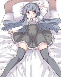 Rule 34 | 1girl, arm up, bed sheet, black skirt, black thighhighs, blue hair, blush, breasts, chestnut mouth, clenched hands, frilled shirt, frilled skirt, frilled sleeves, frills, highres, idolmaster, idolmaster cinderella girls, juliet sleeves, long hair, long sleeves, looking at viewer, lying, on bed, pillow, puffy sleeves, red eyes, red ribbon, ribbon, sajo yukimi, shirt, sidelocks, skirt, small breasts, solo, sweat, thighhighs, thighs, umberblack, white shirt, zettai ryouiki