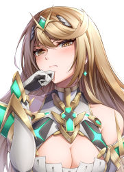 Rule 34 | 1girl, arm armor, armor, armored dress, bare shoulders, black gloves, blonde hair, blush, breasts, chest jewel, cleavage, cleavage cutout, closed mouth, clothing cutout, dress, drop earrings, earrings, frown, gloves, hand on own chin, jewelry, large breasts, long hair, looking at viewer, mythra (xenoblade), solo, swept bangs, ten (tenchan man), tiara, two-tone gloves, upper body, white background, white dress, white gloves, xenoblade chronicles (series), xenoblade chronicles 2, yellow eyes