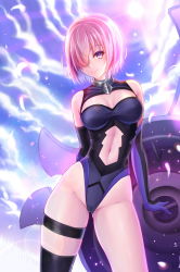 Rule 34 | 1girl, arm behind back, backlighting, bad id, bad pixiv id, bare shoulders, black thighhighs, blush, breasts, cameltoe, cleavage, cleavage cutout, closed mouth, clothing cutout, cloud, collar, colored eyelashes, commentary request, contrapposto, cowboy shot, elbow gloves, fate/grand order, fate (series), feathers, gloves, gluteal fold, groin, hair over one eye, head tilt, highleg, highleg leotard, highres, holding, large breasts, leotard, looking at viewer, mash kyrielight, navel, navel cutout, partial commentary, pink hair, purple eyes, purple gloves, purple leotard, shield, short hair, single thighhigh, smile, solo, sun, sunday se7en, sunlight, thigh strap, thighhighs, thighs