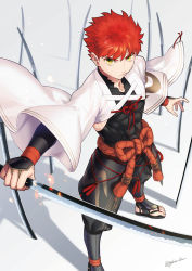 Rule 34 | 1boy, fate/grand order, fate (series), highres, holding, holding sword, holding weapon, katana, looking at viewer, male focus, nagatekkou, otama (atama ohanabatake), pants, pants tucked in, planted, planted sword, planted weapon, red hair, rope, senji muramasa (fate), senji muramasa (second ascension) (fate), shimenawa, solo, standing, sword, twitter username, weapon, wide sleeves, yellow eyes