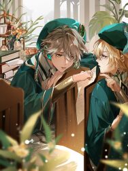 Rule 34 | 2boys, absurdres, ahoge, alhaitham (genshin impact), beret, blonde hair, blurry, blurry foreground, book, book stack, bracer, cable, chair, commentary, crescent (cgcrescent), cup, depth of field, earrings, eyelashes, feather hair ornament, feathers, flower, genshin impact, gold trim, green eyes, green headwear, green jacket, grey hair, hair between eyes, hair ornament, hand up, hat, highres, holding, holding paper, indoors, jacket, jewelry, kaveh (genshin impact), light particles, long hair, long sleeves, looking at another, male focus, multiple boys, paper, parted bangs, parted lips, plant, pointing, profile, red eyes, robe, short hair, sidelocks, sitting, swept bangs, tiered tray, tray, vase, white robe, wide sleeves, yellow flower