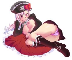 Rule 34 | 1girl, ass, bow, breasts, captain liliana, frills, galugama, hat, jolly roger, large breasts, long hair, nipples, pink eyes, pink hair, pirate, pirate hat, pleated skirt, queen&#039;s blade, queen&#039;s blade rebellion, ribbon, skirt, skull and crossed swords, solo, underwear