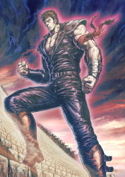 Rule 34 | 1boy, armor, belt, biceps, black hair, black pants, brown footwear, clenched hands, cloud, cloudy sky, foot out of frame, fujii eishun, highres, hokuto no ken, kenshiro, looking at viewer, muscular, muscular male, outdoors, pants, pauldrons, pectorals, short hair, shoulder armor, sky, solo, stairs, standing