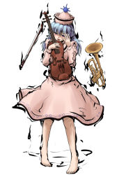 Rule 34 | 1girl, barefoot, blue hair, blush, fechirin, feet, female focus, hat, instrument, merlin prismriver, solo, touhou, trumpet, violin