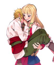Rule 34 | 1boy, 1girl, :d, blonde hair, blue eyes, blunt bangs, blush, carrying, collarbone, commentary request, cowboy shot, dress, earrings, feet out of frame, green pants, hair ribbon, hand on another&#039;s shoulder, hetero, highres, jewelry, link, long hair, long sleeves, looking at another, nintendo, ninto, open mouth, pants, pointy ears, princess carry, princess zelda, ribbon, shirt, short hair, simple background, smile, the legend of zelda, the legend of zelda: skyward sword, tress ribbon, white background, white shirt
