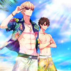 Rule 34 | 2boys, abs, alternate costume, beach, black hair, blonde hair, closed eyes, cloud, crossed arms, day, drawstring, fate/grand order, fate (series), fujimaru ritsuka (male), gawain (fate), hand on own hip, hawaiian shirt, jewelry, light rays, male focus, male swimwear, multiple boys, muscular, necklace, nipples, okurabaakaa, open clothes, open shirt, outdoors, palm tree print, print male swimwear, print swim trunks, print swimsuit, shirt, short sleeves, sky, smile, sunglasses, swim trunks, swimsuit, white male swimwear, white swim trunks, wind, yellow male swimwear, yellow swim trunks