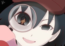 Rule 34 | 1boy, 1girl, ahoge, araragi koyomi, black eyes, black hair, black shirt, commentary request, dated, hair between eyes, hair over one eye, hat, holding, holding magnifying glass, huumoon, long hair, looking at viewer, magnifying glass, monogatari (series), open mouth, oshino ougi, red headwear, shirt, short hair, signature, sleeves past fingers, sleeves past wrists, smile