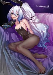 Rule 34 | 1girl, animal ears, bed sheet, breasts, colored sclera, colored tips, commission, eris (atelier951), feet, gauntlets, highres, leotard, mismatched sclera, multicolored hair, nail polish, non-web source, original, pantyhose, playboy bunny, pote0508, rabbit ears, side ponytail, skeb commission, small breasts, smug