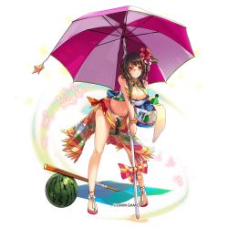 Rule 34 | 1girl, bag, beach towel, beach umbrella, bikini, blush, bow, braid, breasts, brown hair, brunhilde (kami project), checkered bow, checkered clothes, cleavage, flower, food, fruit, hair flower, hair ornament, halterneck, halterneck, kamihime project, large breasts, leaning forward, looking at viewer, red eyes, sandals, sarong, side braid, star ornament, swimsuit, towel, umbrella, watermelon