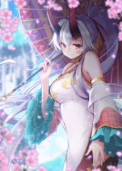 Rule 34 | 1girl, blush, breasts, cherry blossoms, china dress, chinese clothes, detached sleeves, dress, fate/grand order, fate (series), hair ribbon, heroic spirit traveling outfit, highres, horns, long hair, looking at viewer, medium breasts, oil-paper umbrella, oni horns, petals, ponytail, pot-palm, red eyes, red ribbon, ribbon, silver hair, smile, solo, tomoe (symbol), tomoe gozen (fate), tomoe gozen (traveling outfit) (fate), umbrella
