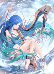 Rule 34 | 1girl, bare shoulders, blue dress, blue eyes, blue hair, bound, bound ankles, bound wrists, breasts, chain, cleavage, collarbone, dress, elbow gloves, gloves, green hair, harp, highres, instrument, large breasts, legs, limeblock, long hair, multicolored hair, music, original, outdoors, parted lips, playing instrument, skirt, sky, solo, strapless, strapless dress, very long hair, white skirt