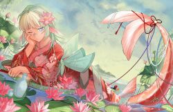 1girl absurdres alternate_eye_color bandaid bandaid_on_face bandaid_on_nose bird blue_eyes fins floral_print floral_print_kimono flower green_hair hand_on_own_cheek hand_on_own_face head_fins highres japanese_clothes jitome kimono koi lily_pad long_hair long_sleeves looking_at_viewer lotus lotus_leaf lotus_pod mermaid mocha_(osu!) monster_girl osu! outdoors partyu print_kimono red_kimono sky solo taiko_no_tatsujin tail wada_don water wet wet_clothes