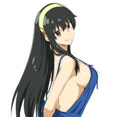 Rule 34 | 1girl, apron, arms behind back, back, bare shoulders, black hair, blue apron, breasts, drop earrings, earrings, gold earrings, gold hairband, hair between eyes, hairband, head tilt, highres, jewelry, large breasts, long hair, looking at viewer, mitsugu, naked apron, red eyes, shiny skin, sideboob, sidelocks, simple background, sleeveless, smile, solo, spy x family, upper body, white background, yor briar