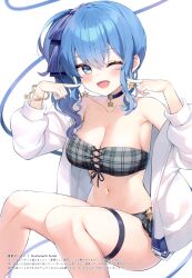 Rule 34 | 1girl, absurdres, alternate breast size, ayamy, bikini, blue eyes, blue hair, blush, bow, bowtie, bracelet, breasts, character name, choker, cleavage, earrings, fingernails, hands up, highres, hololive, hoshimachi suisei, jacket, jewelry, long hair, looking at viewer, medium breasts, nail polish, navel, off shoulder, one eye closed, open clothes, open jacket, open mouth, scan, side ponytail, simple background, sitting, smile, solo, stomach, swimsuit, thigh strap, thighs, virtual youtuber