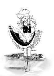 Rule 34 | 1girl, absurdres, ahoge, apron, bare legs, barefoot, bloom, buttons, closed eyes, closed mouth, clothes lift, frilled skirt, frills, giantcavemushroom, highres, kirisame marisa, long hair, monochrome, no headwear, puffy short sleeves, puffy sleeves, shirt, short sleeves, skirt, skirt hold, skirt lift, soaking feet, solo, touhou, vest, wading