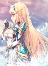 Rule 34 | 1girl, alisia0812, armor, blonde hair, blurry, breasts, cleavage, commentary request, cowboy shot, depth of field, dress, earrings, faulds, from side, gloves, hand up, headgear, highres, jewelry, long hair, medium breasts, mythra (xenoblade), nintendo, parted lips, profile, ribbed dress, shoulder armor, sidelocks, solo, standing, very long hair, white dress, white gloves, xenoblade chronicles (series), xenoblade chronicles 2, yellow eyes