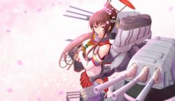Rule 34 | 10s, 1girl, bare shoulders, brown hair, cannon, detached sleeves, flower, hair flower, hair ornament, kantai collection, long hair, looking at viewer, murakumo1987, oil-paper umbrella, ponytail, red eyes, skirt, smile, solo, umbrella, very long hair, yamato (kancolle)