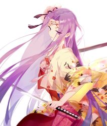Rule 34 | 1girl, chrysanthemum print, cosplay, e (h798602056), facial mark, fate/stay night, fate (series), floral print, flower, forehead mark, from side, hair flower, hair ornament, holding, holding sword, holding weapon, japanese clothes, kara no kyoukai, katana, kimono, long hair, medusa (fate), medusa (rider) (fate), purple eyes, purple hair, ryougi shiki, ryougi shiki (cosplay), ryougi shiki (third ascension), simple background, smile, solo, sword, very long hair, weapon, white background