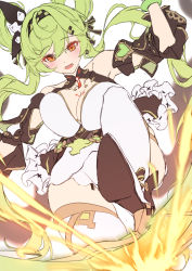 Rule 34 | 1girl, ai-chan (chrono navi) (honkai impact), ai-chan (honkai impact), bare shoulders, blush, boots, bracelet, breast tattoo, breasts, cleavage, detached sleeves, fire, fire, green hair, hair between eyes, hairband, high heel boots, high heels, highres, honkai (series), honkai impact 3rd, jewelry, large breasts, long hair, open mouth, orange eyes, simple background, smile, solo, tattoo, white background, xfate