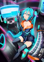 Rule 34 | 1girl, aqua eyes, aqua hair, computer, elbow gloves, fingerless gloves, fu-ta, gloves, hatsune miku, highres, holographic interface, holographic monitor, instrument, keyboard (instrument), long hair, sitting, smile, solo, thighhighs, twintails, very long hair, vocaloid