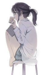 Rule 34 | 1girl, bare legs, barefoot, black hair, book, cup, drinking, feet, feet on chair, from side, full body, glasses, green eyes, mattaku mousuke, mug, open book, original, ponytail, profile, shorts, simple background, sitting, solo, stool, white background